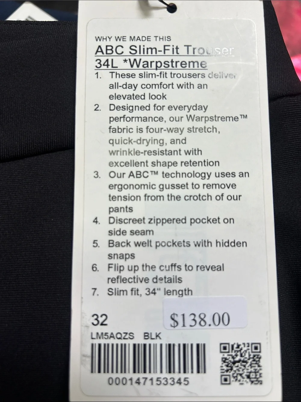 lululemon athletica ABC Slim-Fit Trouser - Black, price is firm !